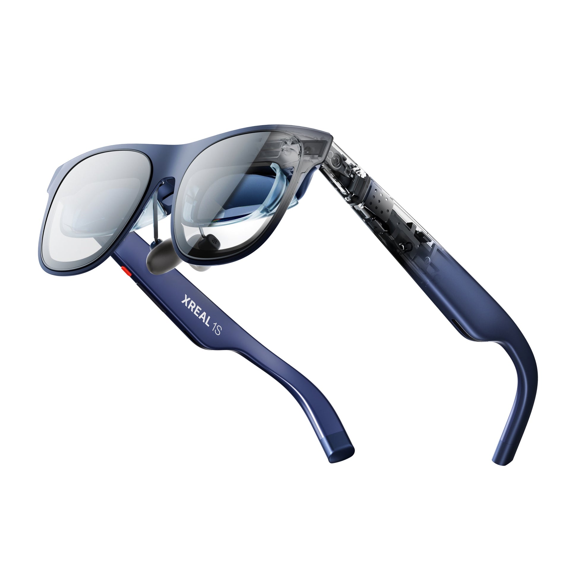 Blue augmented reality glasses with 'XREAL' branding on a white background