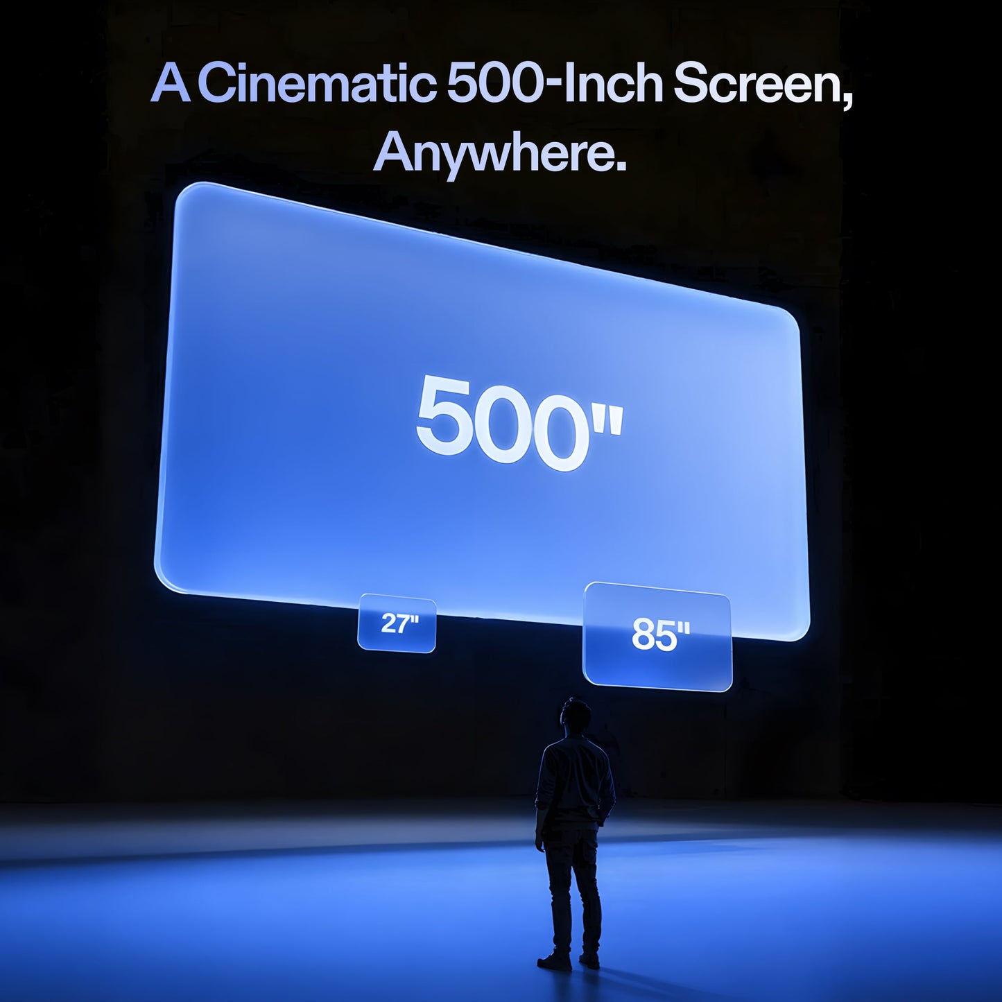 Person looking at a large 500-inch screen projection with text 'A Cinematic 500-Inch Screen, Anywhere.'