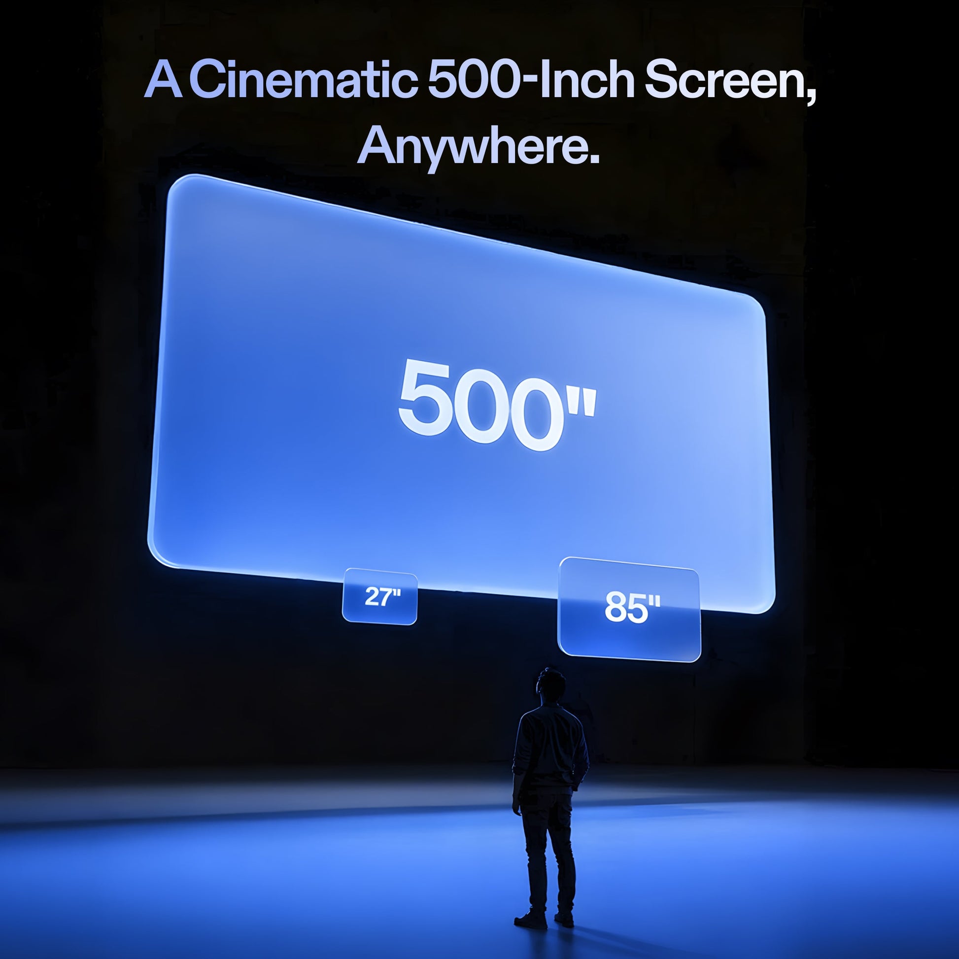 Person looking at a large 500-inch screen projection with text 'A Cinematic 500-Inch Screen, Anywhere.'