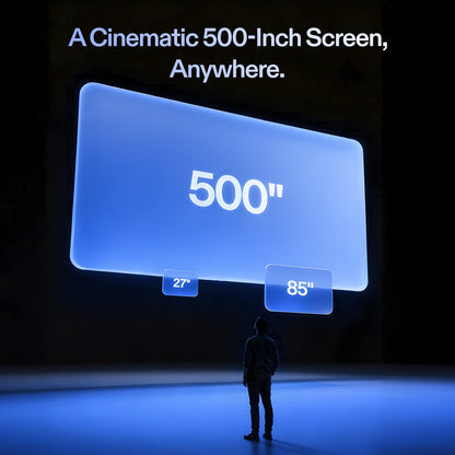 Person looking at a large 500-inch screen projection with text 'A Cinematic 500-Inch Screen, Anywhere.'
