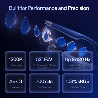 Key features about XREAL 1S. 1200P HD Resolution, 52 degree FoV. 120 hZ High refresh rate, 700 nits peak brightness