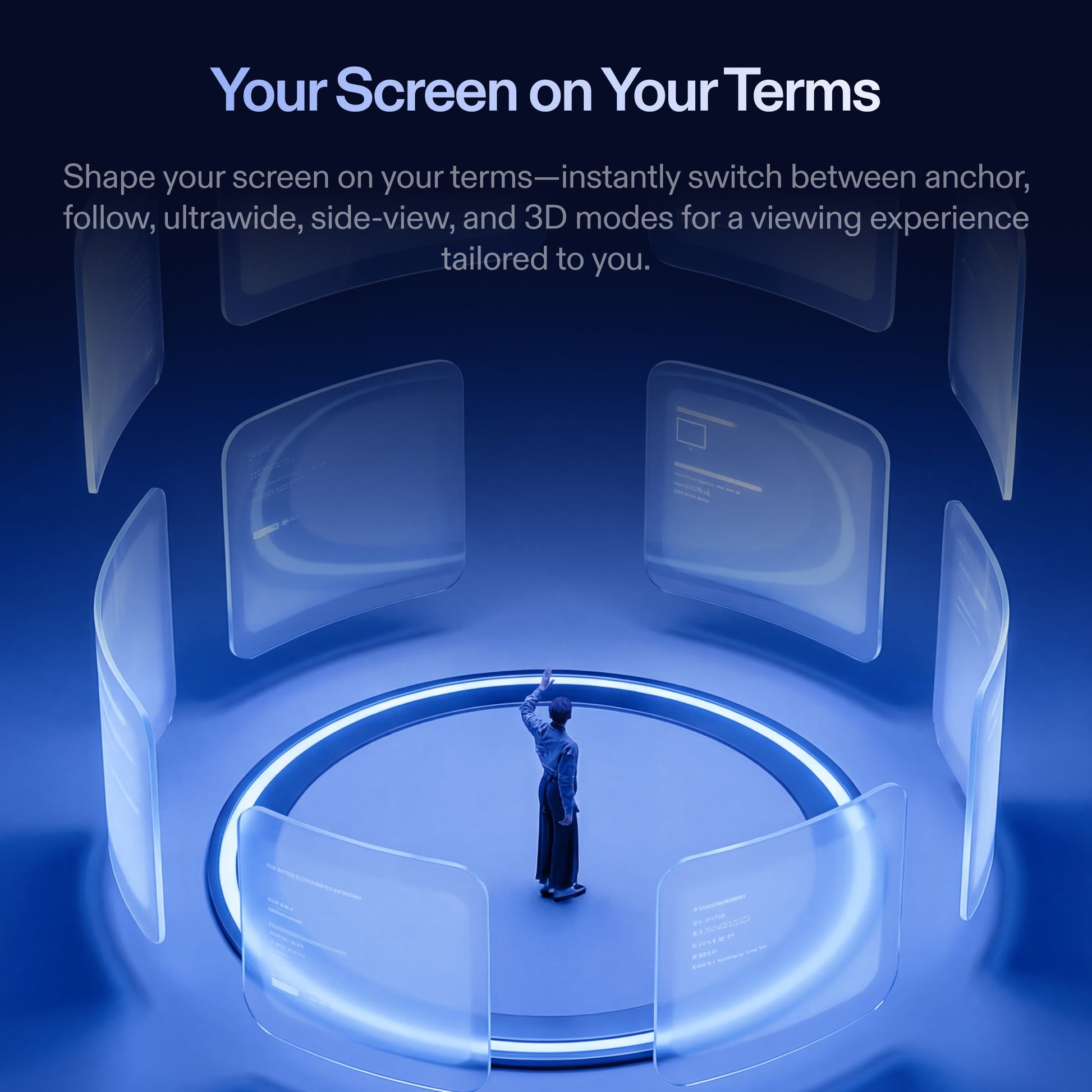 Multi display mode of XREAL 1S tailored for users: anchor, follow, ultrawide, side-wiew