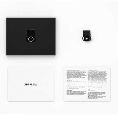 XREAL Eye AR glasses safety information card detailing usage guidelines, warranty terms, and manufacturer contact for users aged 18+