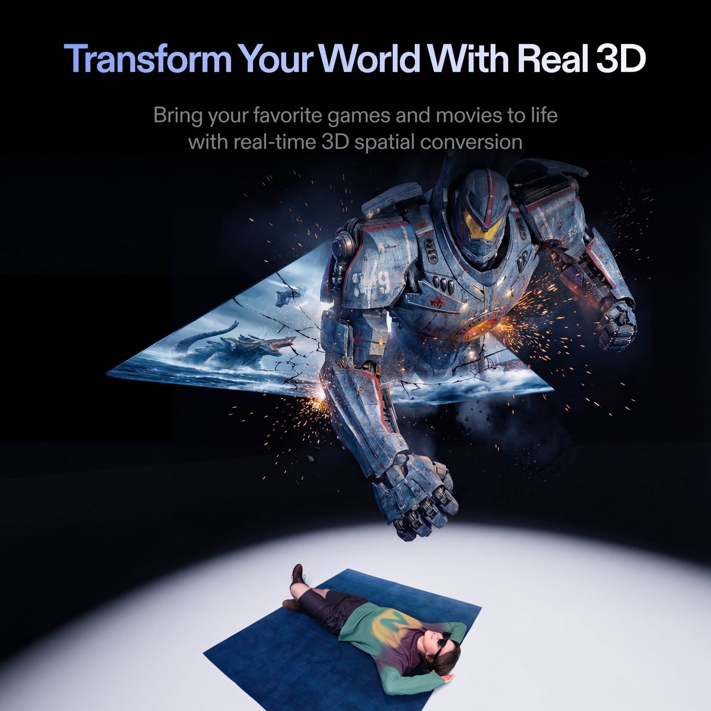 Person lying on a rug with a futuristic robot and spaceship in the background, promoting real-time 3D spatial conversion technology.