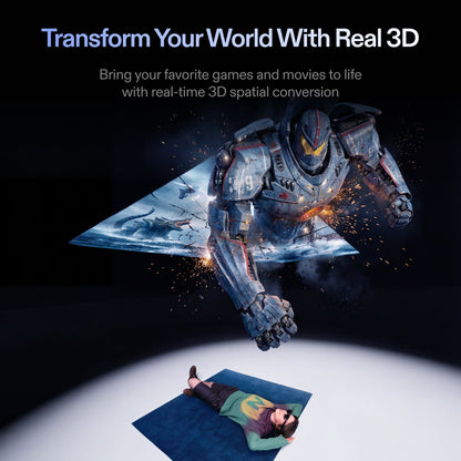 Person lying on a rug with a futuristic robot and spaceship in the background, promoting real-time 3D spatial conversion technology.