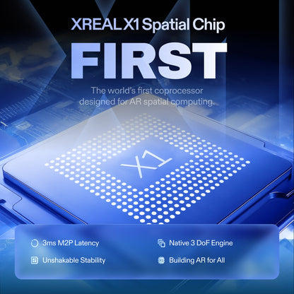 XREAL X1 Spatial Chip with text highlighting its features on a dark background