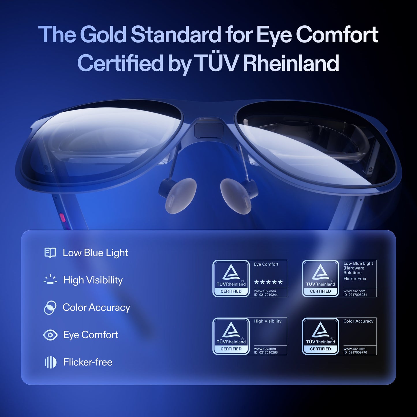 XREAL 1S Eye care with TöV Rheinland certification on a blue background