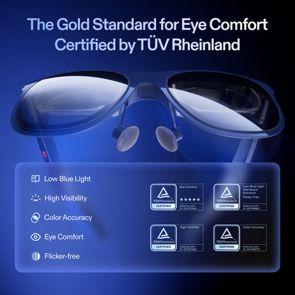 XREAL 1S Eye care with TöV Rheinland certification on a blue background