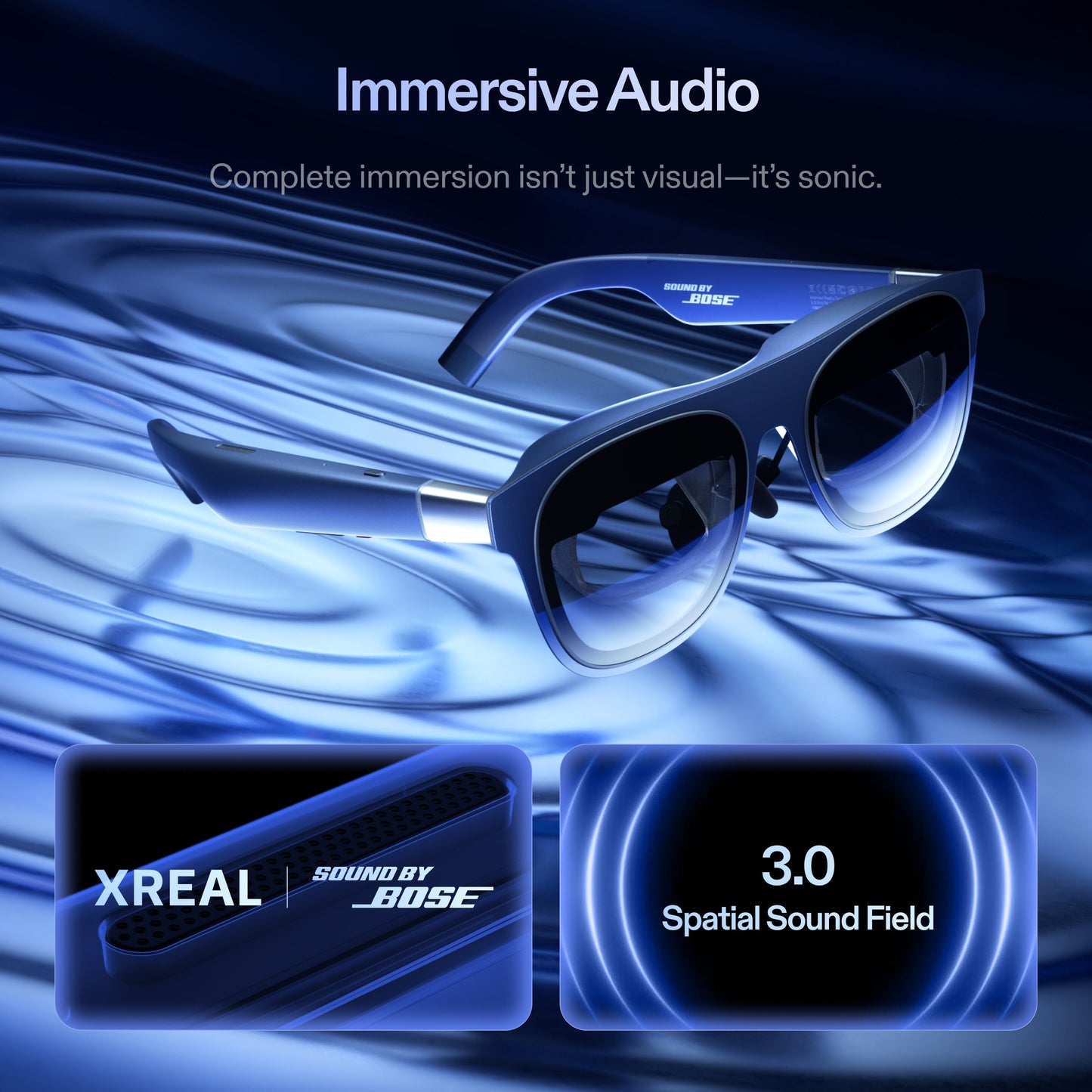 Bose audio device with XREAL branding on a blue abstract background